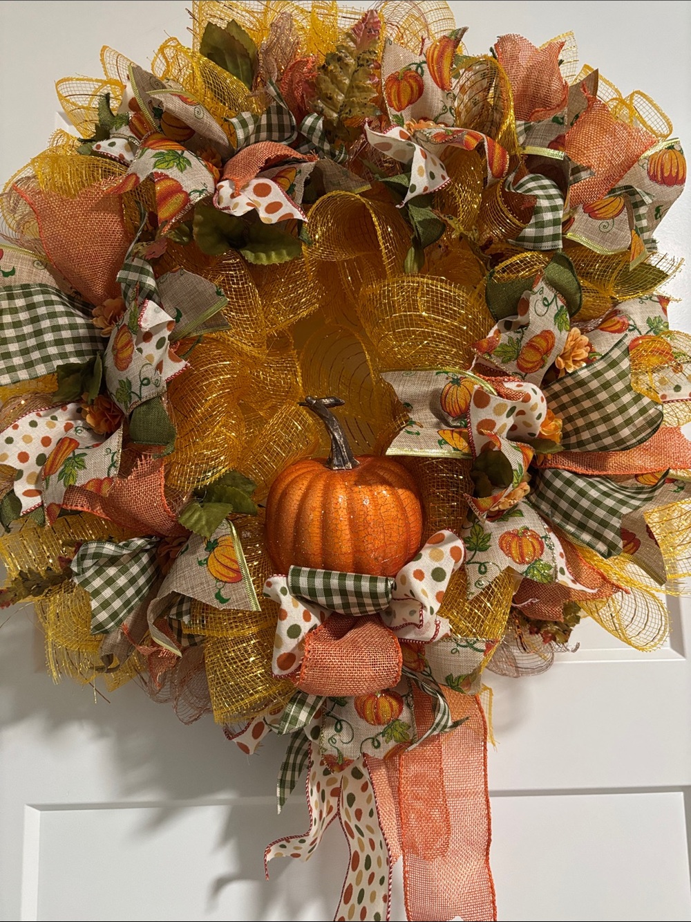 Hand Crafted Fall Pumpkin Wreath in Orange, Green & Gold